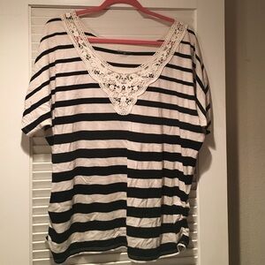 Lane Bryant Black and White Striped Short Sleeve Top with Crochet Trim